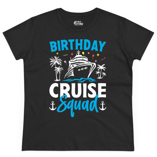 Birthday Cruise Squad Shirt - Tropical Birthday Cruise Apparel (Ladies Tee) in Black - Birthday Cruise Squad Shirt with Ship Palm Trees Balloons Nautical Icons