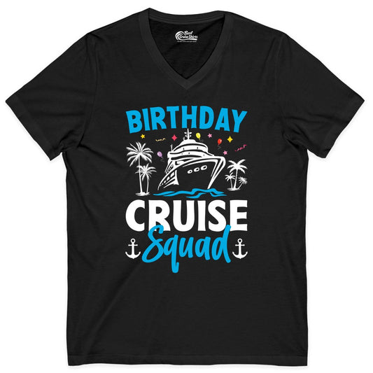 Birthday Cruise Squad Shirt - Tropical Birthday Cruise Apparel (V-Neck) in Black - Birthday Cruise Squad Shirt with Ship Palm Trees Balloons Nautical Icons
