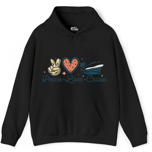 Peace Love Cruise Shirt - Fun Family Cruise Vacation Group Tee (Hoodie) in Black - Peace Love Cruise Shirt - Retro Hand Sign Heart Ship Group Tee