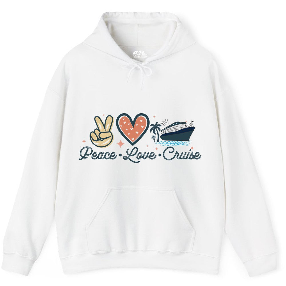 Peace Love Cruise Shirt - Fun Family Cruise Vacation Group Tee (Hoodie) in White - Peace Love Cruise Shirt - Retro Hand Sign Heart Ship Group Tee