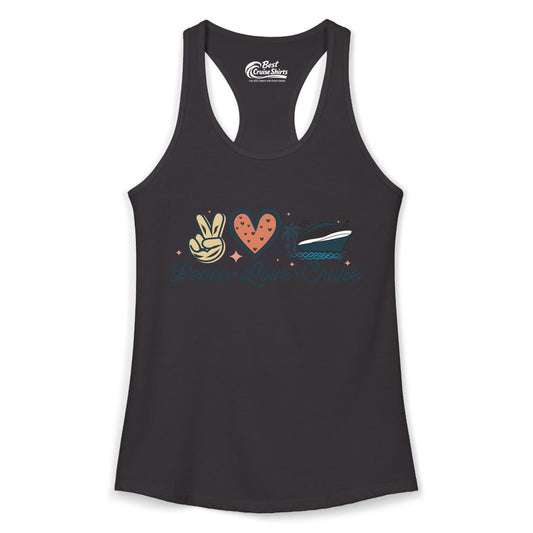 Peace Love Cruise Shirt - Fun Family Cruise Vacation Group Tee (Ladies Tank) in Black - Peace Love Cruise Shirt - Retro Hand Sign Heart Ship Group Tee