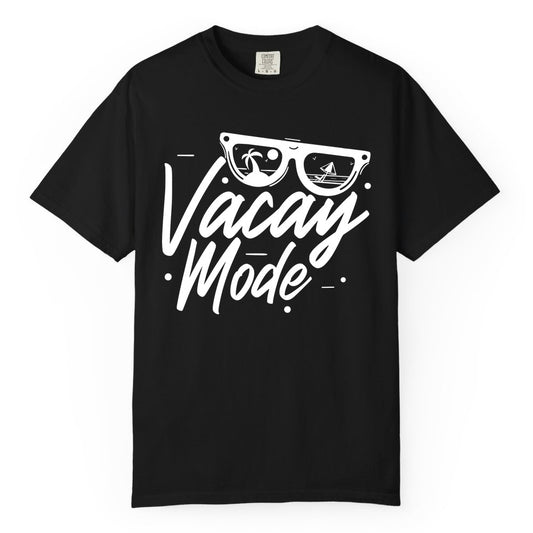 Vacay Mode Shirt - Beach Vacation Shirt for Summer Travel Adventures (Comfort Color) in Black - Vacay Mode Shirt - Sunglasses Beach Scene Summer Travel Tee