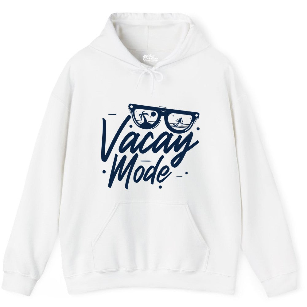 Vacay Mode Shirt - Beach Vacation Shirt for Summer Travel Adventures (Hoodie) in White - Vacay Mode Shirt - Sunglasses Beach Scene Summer Travel Tee