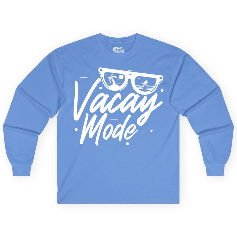 Vacay Mode Shirt - Beach Vacation Shirt for Summer Travel Adventures (Long Sleeve) in Carolina Blue - Vacay Mode Shirt - Sunglasses Beach Scene Summer Travel Tee
