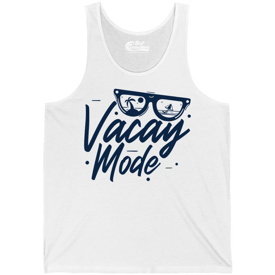 Vacay Mode Shirt - Beach Vacation Shirt for Summer Travel Adventures (Tank Top) in White - Vacay Mode Shirt - Sunglasses Beach Scene Summer Travel Tee