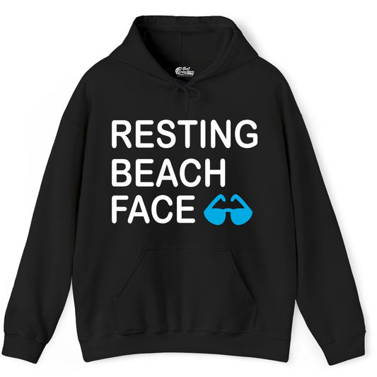 Resting Beach Face Shirt - Funny Beach Shirt with Sunglasses Graphic (Hoodie) in Black - Resting Beach Face Shirt - Funny Beach Phrase With Blue Sunglasses