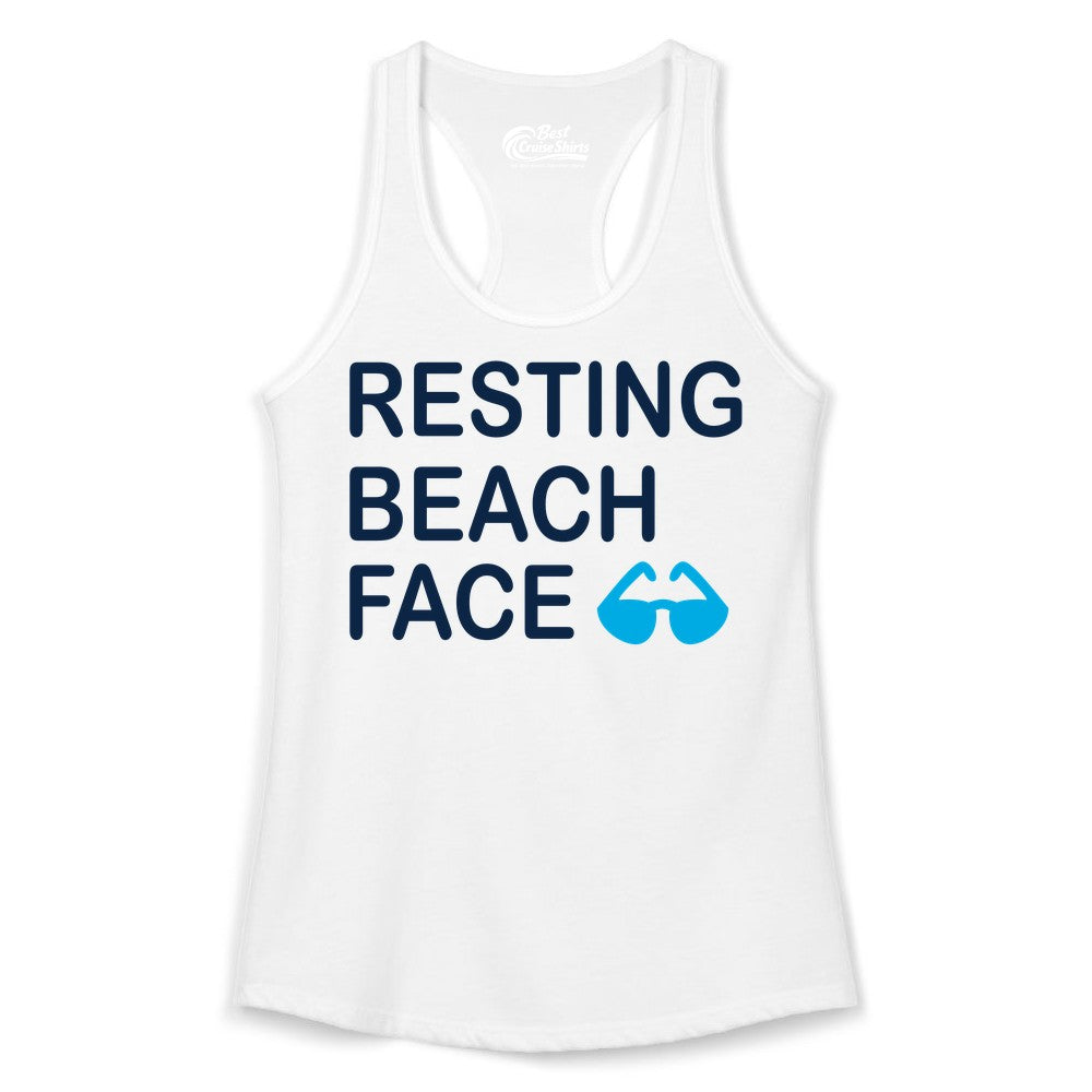 Resting Beach Face Shirt - Funny Beach Shirt with Sunglasses Graphic (Ladies Tank) in White - Resting Beach Face Shirt - Funny Beach Phrase With Blue Sunglasses