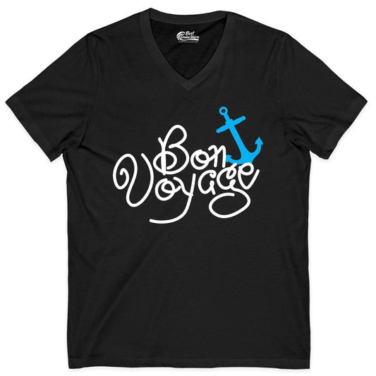 Bon Voyage Shirt - Nautical Anchor Cruise Shirt for Sailors Gift (V-Neck) in Black - Bon Voyage Script Shirt - Nautical Anchor Farewell Cruise Tee