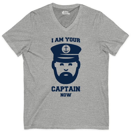 Funny Captain Shirt - Nautical Humor Tee for Boating Enthusiasts (V-Neck) in Athletic Heather - Funny Captain Shirt - I Am Your Captain Now Nautical Beard Hat Tee