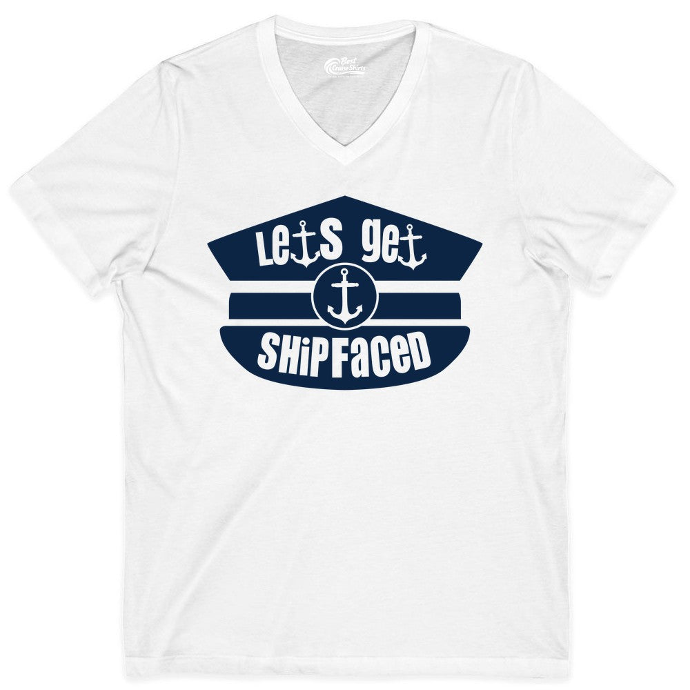 Let's Get Shipfaced Shirt - Funny Cruise Nautical Party Tee Adults (V-Neck) in White - Let’s Get Shipfaced Nautical Humor Shirt With Anchor Sailor Hat Design