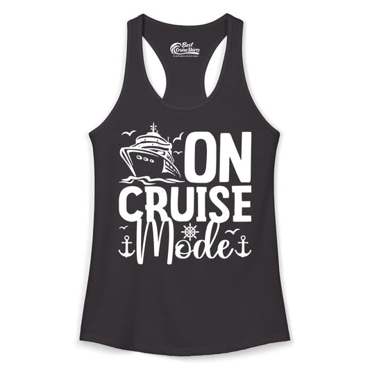 On Cruise Mode Shirt - Nautical Cruise Vacation Apparel for Travelers (Ladies Tank) in Black - On Cruise Mode Nautical Typography Shirt with Ship Anchor Helm Icons