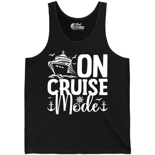 On Cruise Mode Shirt - Nautical Cruise Vacation Apparel for Travelers (Tank Top) in Black - On Cruise Mode Nautical Typography Shirt with Ship Anchor Helm Icons