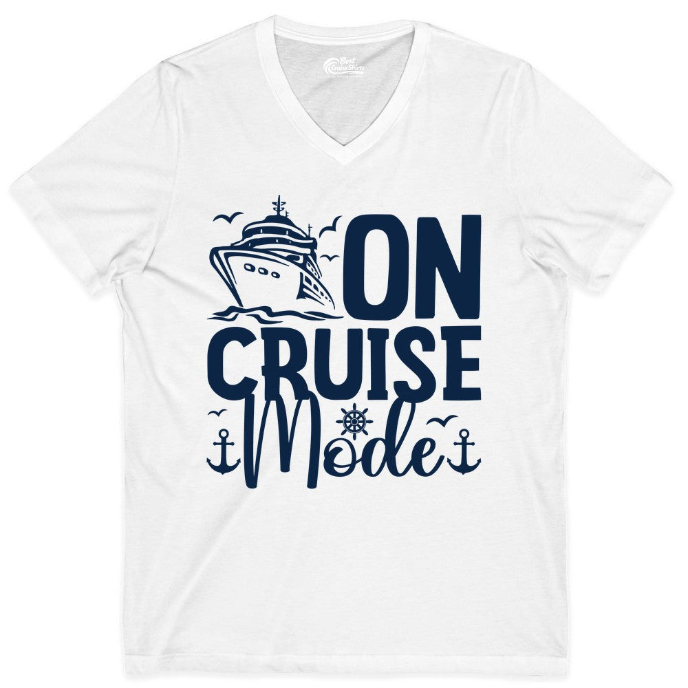 On Cruise Mode Shirt - Nautical Cruise Vacation Apparel for Travelers (V-Neck) in White - On Cruise Mode Nautical Typography Shirt with Ship Anchor Helm Icons