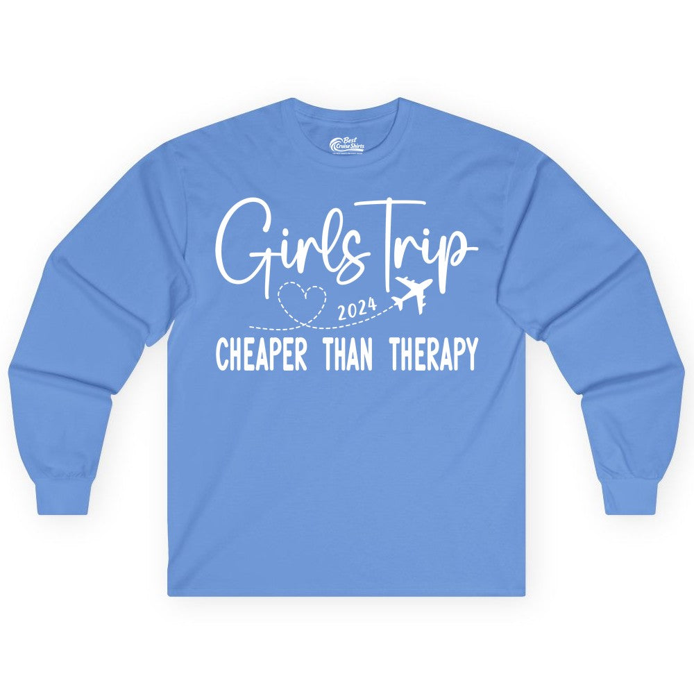 Girls Trip Shirt 2024 - Cheaper Than Therapy Girls Vacation Tee (Long Sleeve) in Carolina Blue - Girls Trip 2024 Cheaper Than Therapy Airplane Heart Travel Shirt