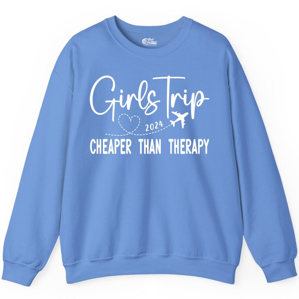 Girls Trip Shirt 2024 - Cheaper Than Therapy Girls Vacation Tee (Sweatshirt) in Carolina Blue - Girls Trip 2024 Cheaper Than Therapy Airplane Heart Travel Shirt