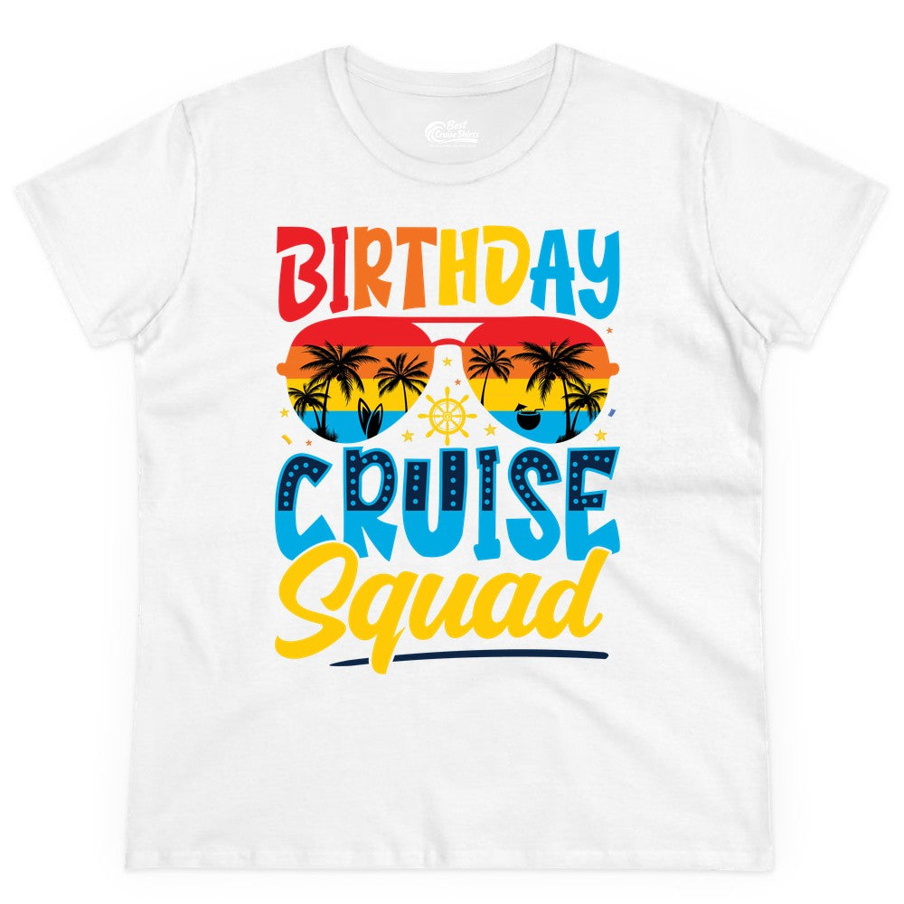 Birthday Cruise Squad Shirt - Tropical Sunset Group Cruise Apparel (Ladies Tee) in White - Birthday Cruise Squad Tropical Sunset Palm Tree Group Shirt