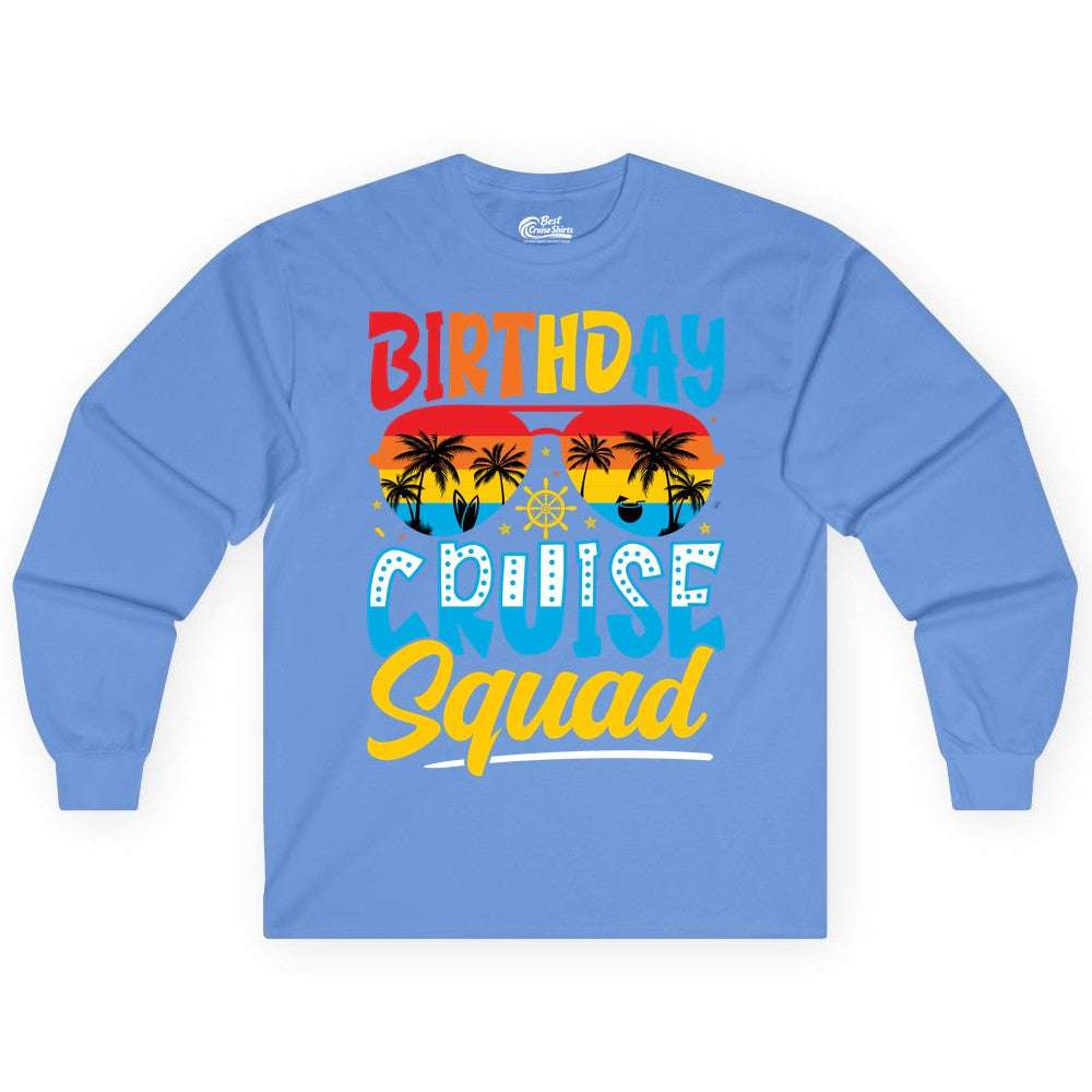 Birthday Cruise Squad Shirt - Tropical Sunset Group Cruise Apparel (Long Sleeve) in Carolina Blue - Birthday Cruise Squad Tropical Sunset Palm Tree Group Shirt