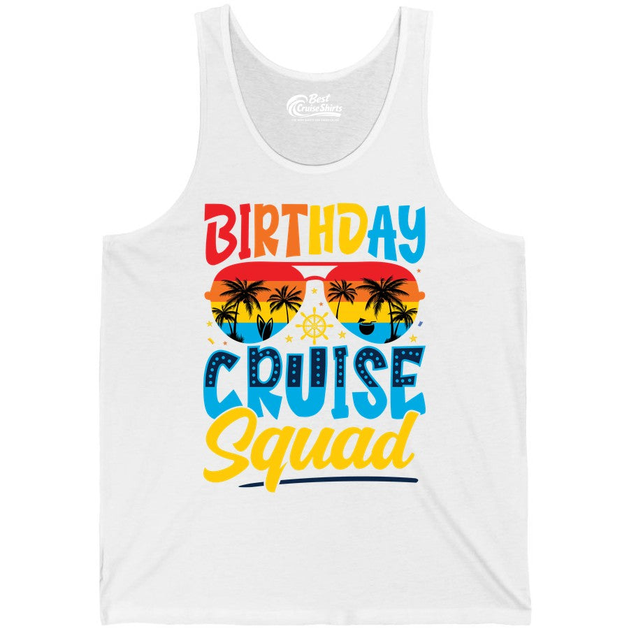 Birthday Cruise Squad Shirt - Tropical Sunset Group Cruise Apparel (Tank Top) in White - Birthday Cruise Squad Tropical Sunset Palm Tree Group Shirt