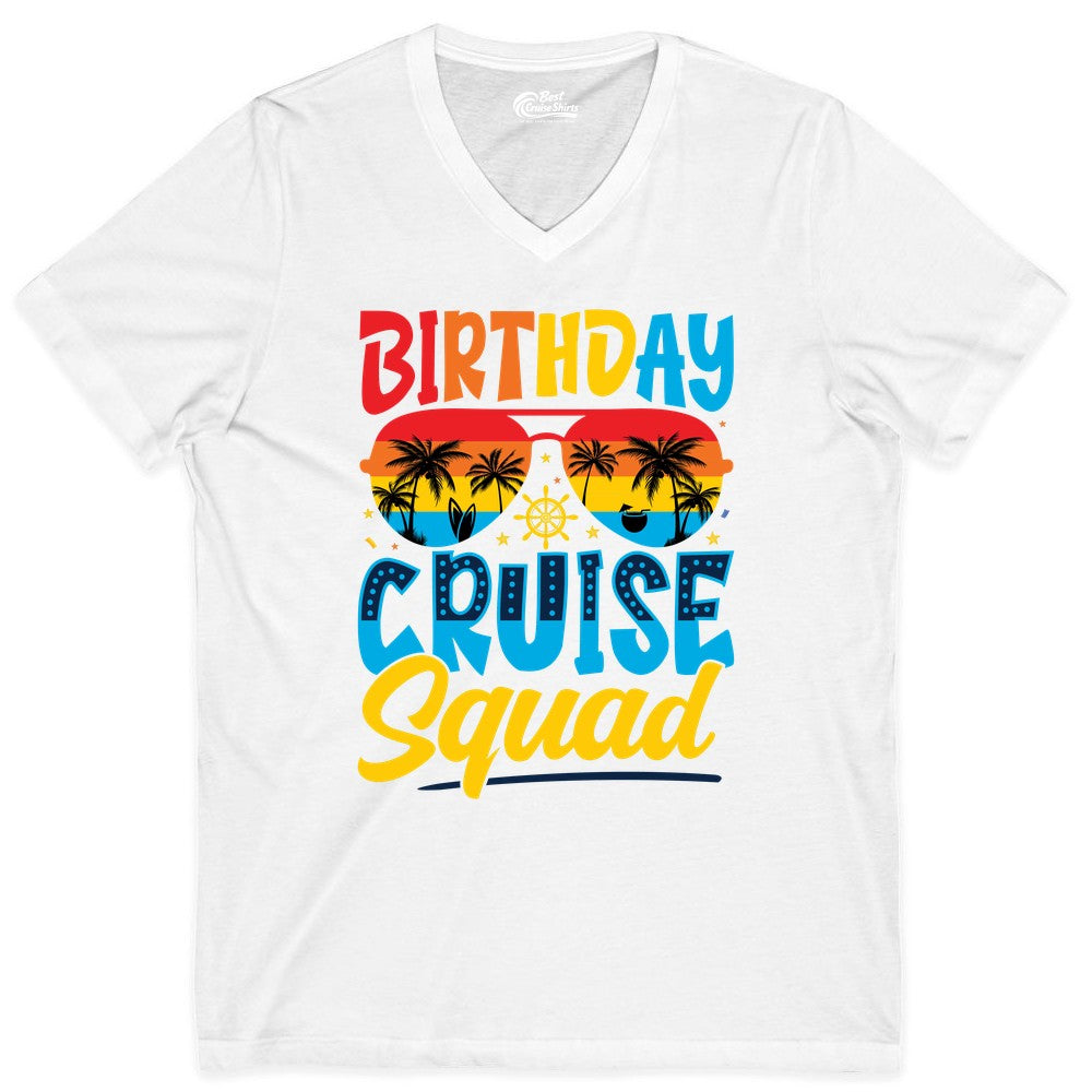 Birthday Cruise Squad Shirt - Tropical Sunset Group Cruise Apparel (V-Neck) in White - Birthday Cruise Squad Tropical Sunset Palm Tree Group Shirt