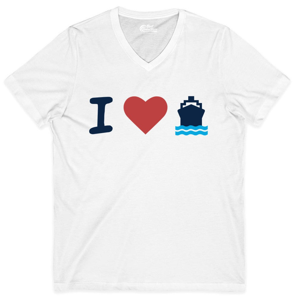 I Love Cruises Shirt - Funny Cruise Ship Shirt Gift for Cruise Lovers (V-Neck) in White - I Love Cruises Bold Cruise Ship Graphic Shirt for Cruise Enthusiasts