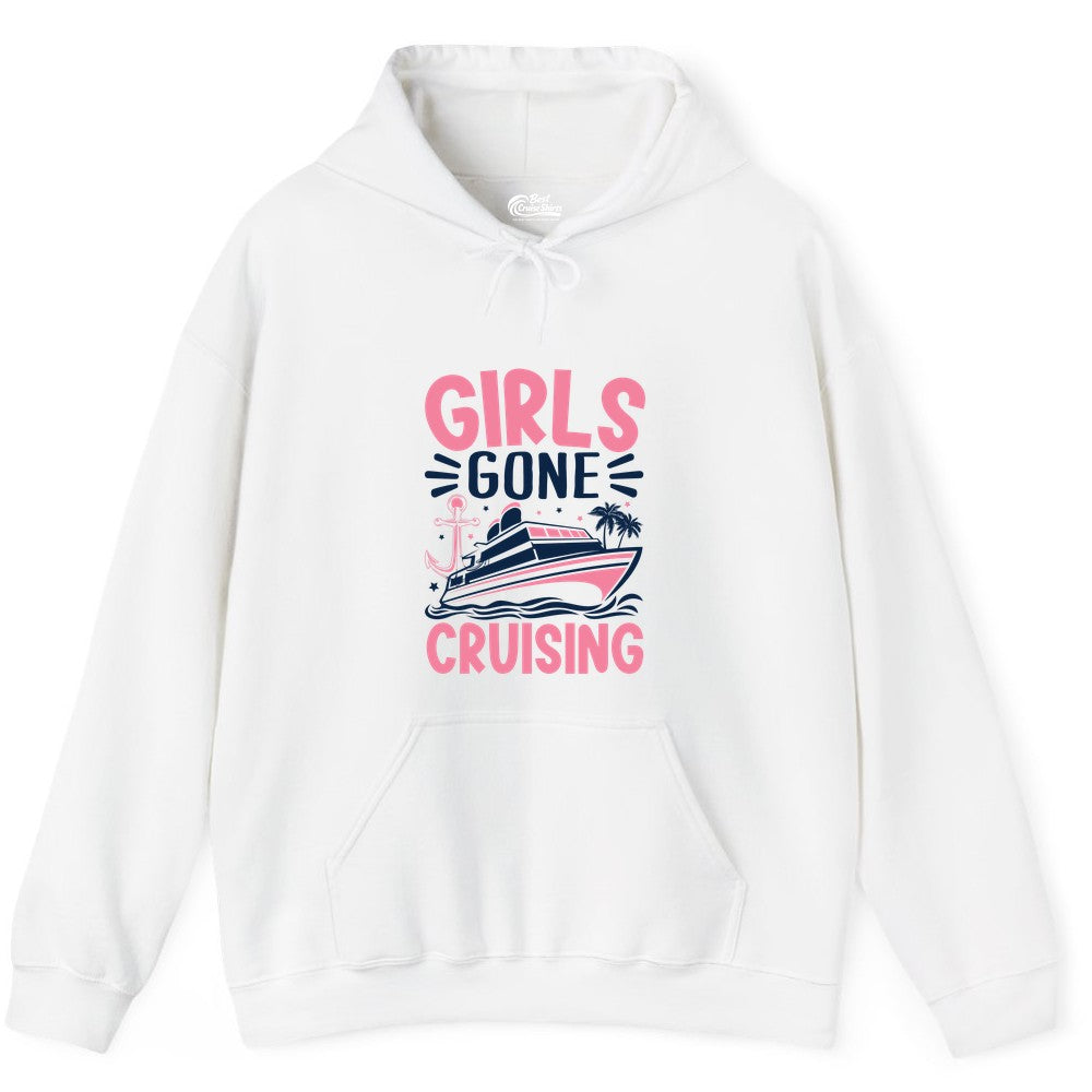 Girls Cruise Shirt - Fun Cruise Girls Trip Tee for Group Getaways (Hoodie) in White - Girls Gone Cruising Tropical Pink Group Cruise Adventure Shirt