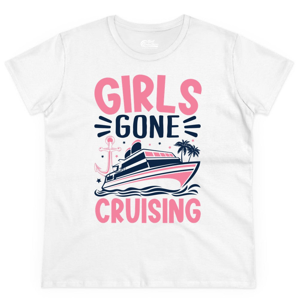 Girls Cruise Shirt - Fun Cruise Girls Trip Tee for Group Getaways (Ladies Tee) in White - Girls Gone Cruising Tropical Pink Group Cruise Adventure Shirt