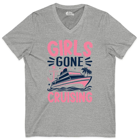 Girls Cruise Shirt - Fun Cruise Girls Trip Tee for Group Getaways (V-Neck) in Athletic Heather - Girls Gone Cruising Tropical Pink Group Cruise Adventure Shirt