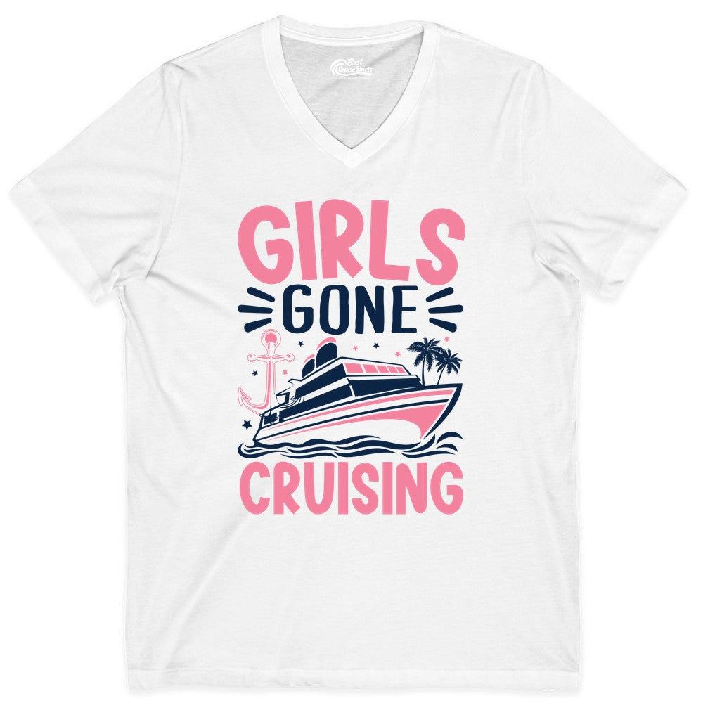 Girls Cruise Shirt - Fun Cruise Girls Trip Tee for Group Getaways (V-Neck) in White - Girls Gone Cruising Tropical Pink Group Cruise Adventure Shirt