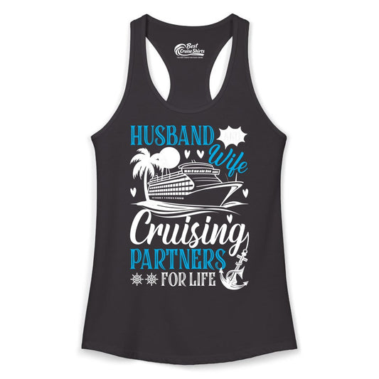 Husband Wife Cruising Shirt - Cruise Couple Romance Gift Apparel (Ladies Tank) in Black - Husband Wife Cruising Partners for Life Nautical Couple Shirt