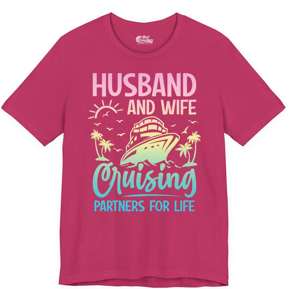 Husband and Wife Cruising Shirt - Romantic Tropical Cruise Apparel (Premium Tee) in Berry - Husband and Wife Cruising Shirt - Romantic Tropical Sunset Partners