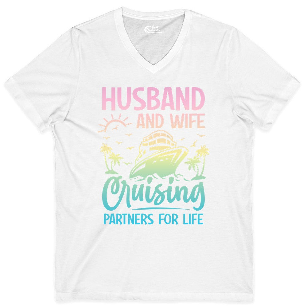 Husband and Wife Cruising Shirt - Romantic Tropical Cruise Apparel (V-Neck) in White - Husband and Wife Cruising Shirt - Romantic Tropical Sunset Partners