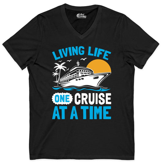 Cruise Life Shirt - Tropical Sunset Cruise Ship Vacation Tee (V-Neck) in Black - Cruise Ship Tropical Sunset Shirt - Retro Palm Caribbean Vacation Tee
