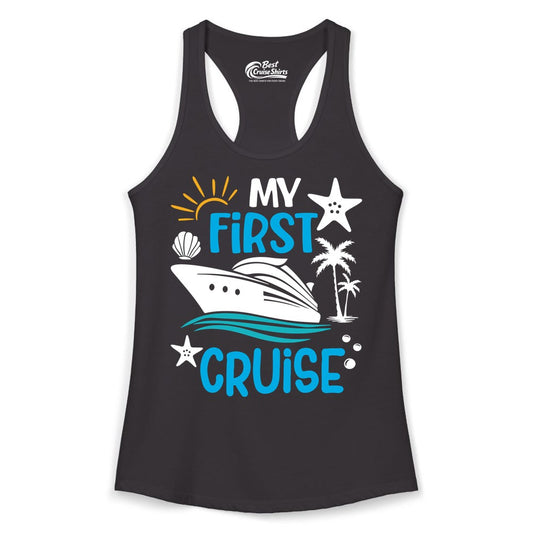 My First Cruise Shirt - Tropical Cruise Vacation Apparel for Families (Ladies Tank) in Black - My First Cruise Shirt - Tropical Family Adventure with Playful Icons