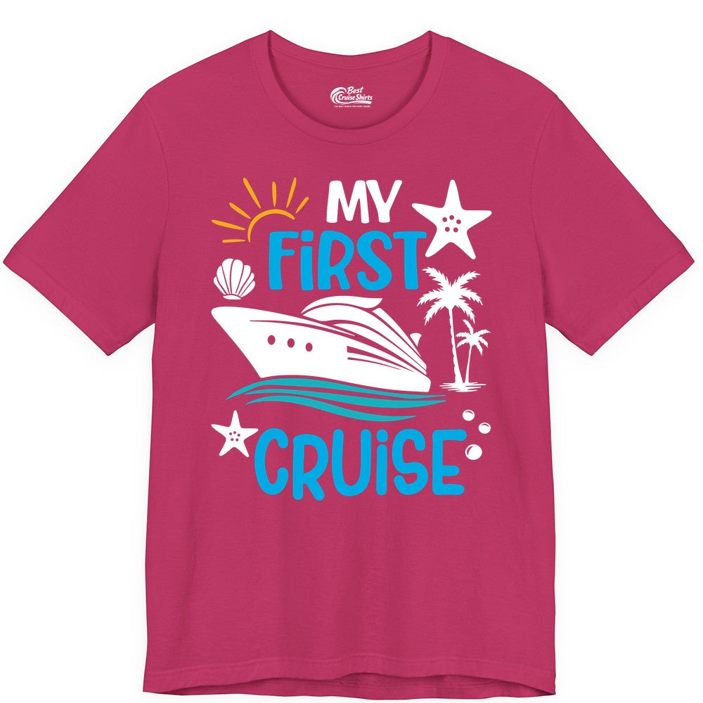 My First Cruise Shirt - Tropical Cruise Vacation Apparel for Families (Premium Tee) in Berry - My First Cruise Shirt - Tropical Family Adventure with Playful Icons