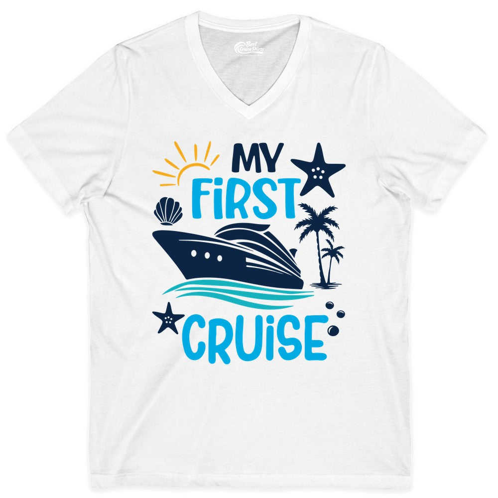 My First Cruise Shirt - Tropical Cruise Vacation Apparel for Families (V-Neck) in White - My First Cruise Shirt - Tropical Family Adventure with Playful Icons