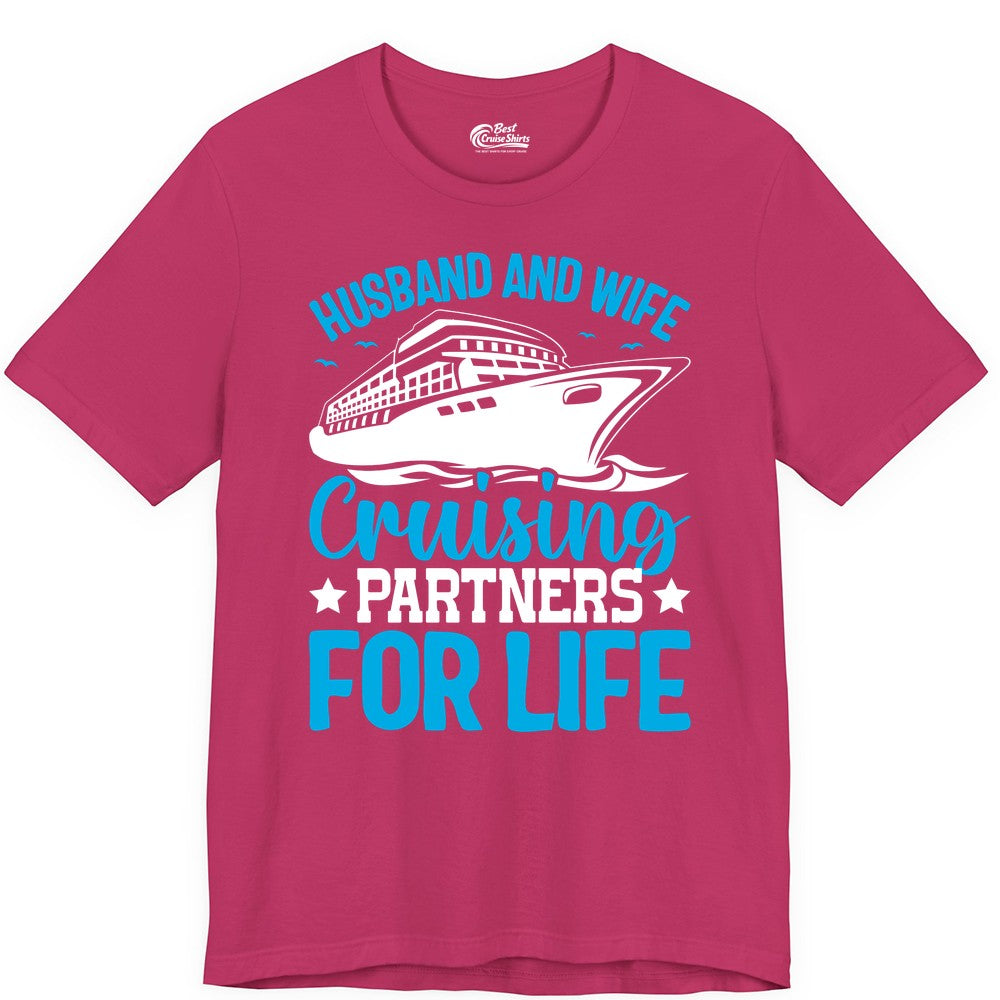 Husband and Wife Cruise Shirt - Romantic Couple Cruise Apparel (Premium Tee) in Berry - Husband and Wife Cruising Partners for Life Nautical Cruise Shirt