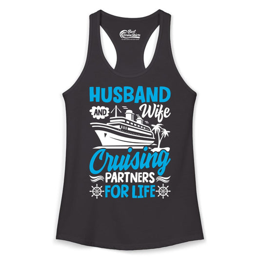 Cruise Shirts for Couples - Husband and Wife Matching Vacation Tees (Ladies Tank) in Black - Husband and Wife Cruising Partners for Life Nautical Couples Shirt