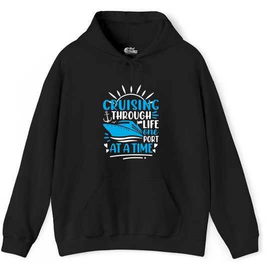 Cruising Through Life Shirt - Nautical Cruise Ship Tee for Travelers (Hoodie) in Black - Cruising Through Life One Port at a Time Nautical Cruise Shirt