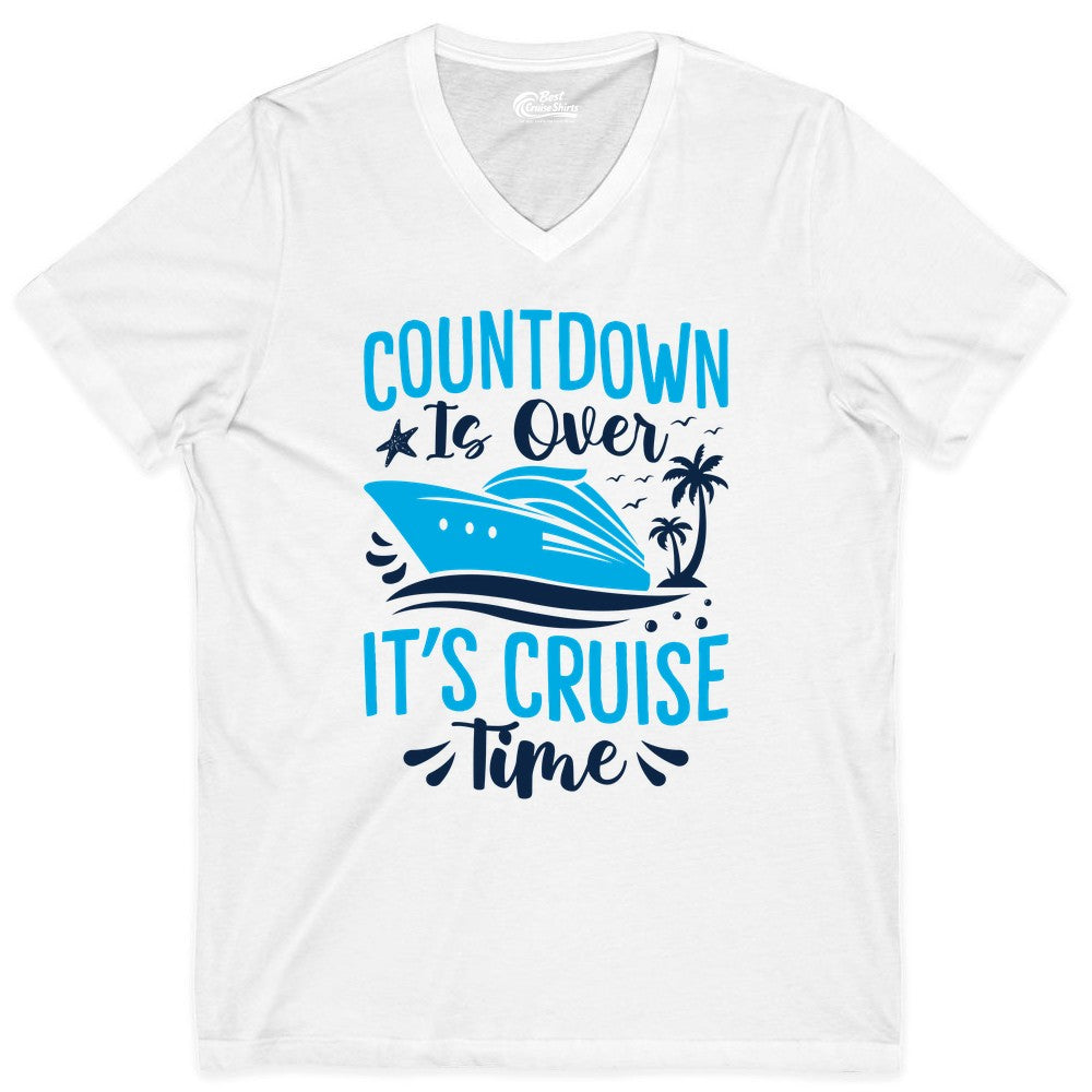 Cruise Vacation Shirt - Fun Family Cruise Apparel for Getaways (V-Neck) in White - Countdown Is Over It’s Cruise Time Tropical Palm Tree Shirt