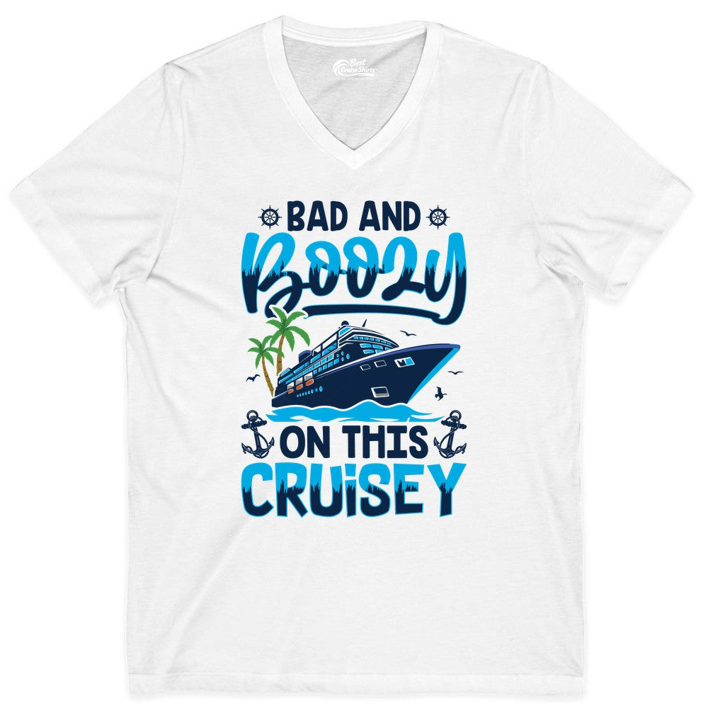 Bad and Boozy Cruise Shirt - Funny Cruise Party Apparel for Adults (V-Neck) in White - Bad and Boozy Cruise Shirt - Funny Tropical Drinking Party Tee