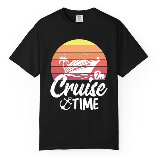 Cruise Time Shirt - Retro Sunset Cruise Vacation Apparel Tee (Comfort Color) in Black - Retro Sunset Cruise Ship Palm Tree Anchor - Cruise Time Shirt
