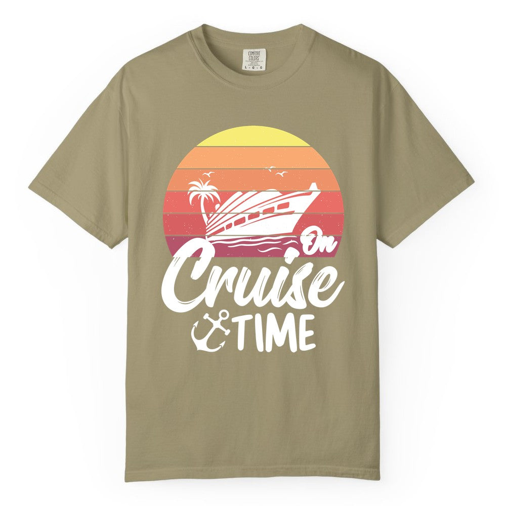 Cruise Time Shirt - Retro Sunset Cruise Vacation Apparel Tee (Comfort Color) in Khaki - Retro Sunset Cruise Ship Palm Tree Anchor - Cruise Time Shirt