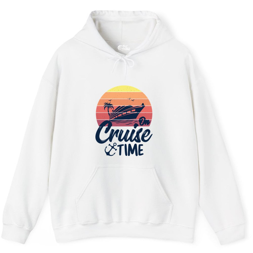 Cruise Time Shirt - Retro Sunset Cruise Vacation Apparel Tee (Hoodie) in White - Retro Sunset Cruise Ship Palm Tree Anchor - Cruise Time Shirt