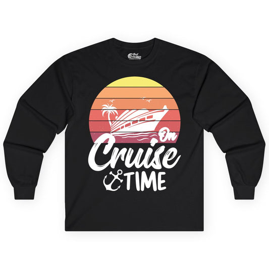 Cruise Time Shirt - Retro Sunset Cruise Vacation Apparel Tee (Long Sleeve) in Black - Retro Sunset Cruise Ship Palm Tree Anchor - Cruise Time Shirt