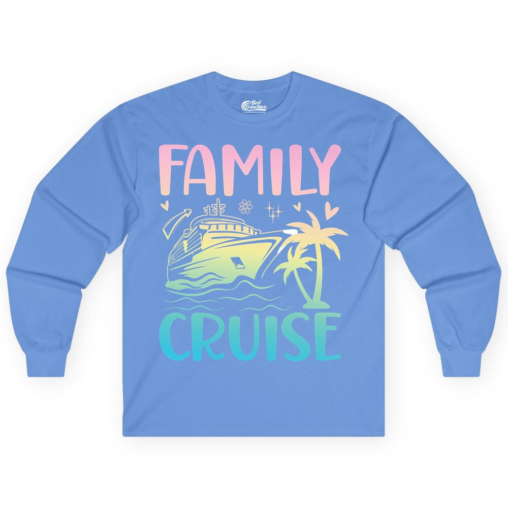 Family Cruise Shirt - Tropical Cruise Vacation Tee for Group Trips (Long Sleeve) in Carolina Blue - Family Cruise Shirt - Tropical Beach and Cruise Ship Pastel Design