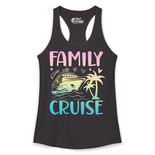 Family Cruise Shirt - Tropical Cruise Vacation Tee for Group Trips (Ladies Tank) in Black - Family Cruise Shirt - Tropical Beach and Cruise Ship Pastel Design