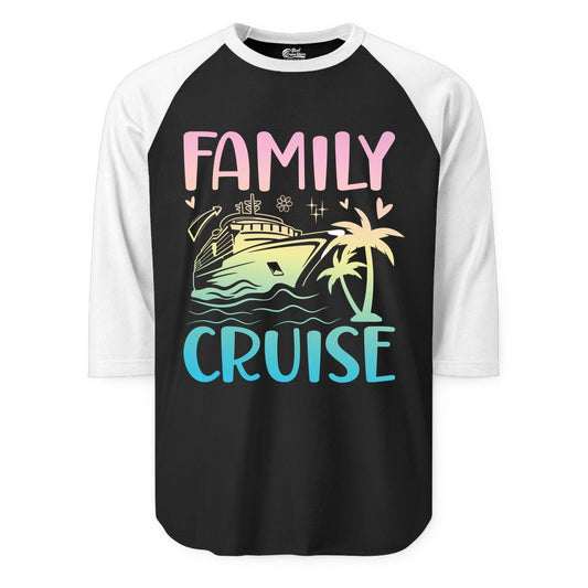 Family Cruise Shirt - Tropical Cruise Vacation Tee for Group Trips (Raglan) in BlackWhite - Family Cruise Shirt - Tropical Beach and Cruise Ship Pastel Design