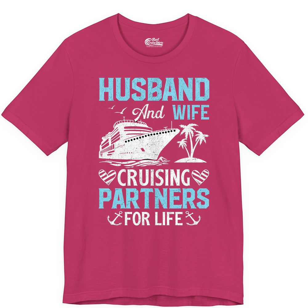 Husband and Wife Cruise Shirt - Nautical Romantic Vacation Tee (Premium Tee) in Berry - Husband and Wife Cruising Partners for Life Nautical Romance Shirt