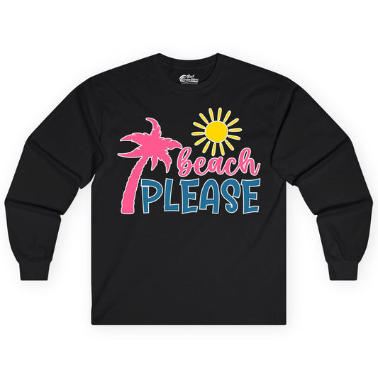 Beach Please Shirt - Funny Tropical Summer Tee with Palm Tree Sun (Long Sleeve) in Black - Beach Please Shirt - Tropical Palm Tree and Sun Funny Summer Tee