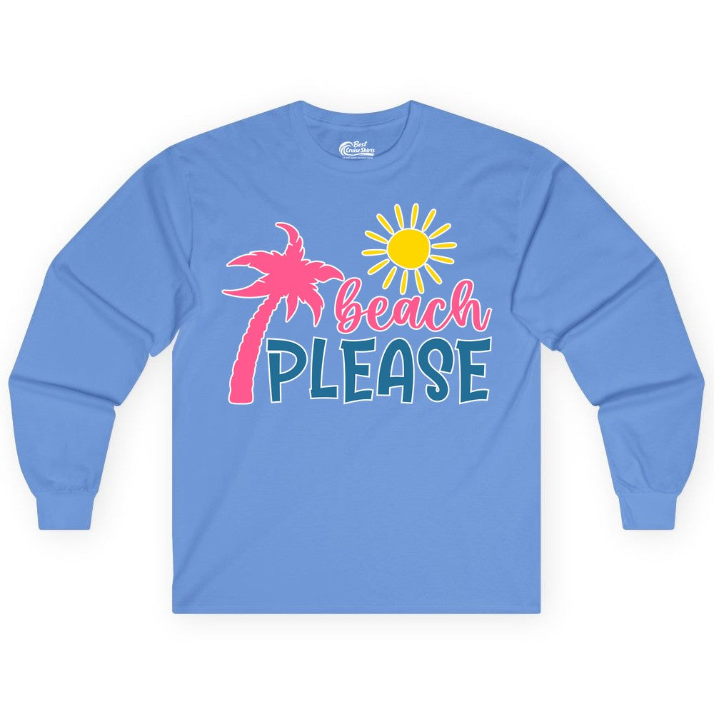 Beach Please Shirt - Funny Tropical Summer Tee with Palm Tree Sun (Long Sleeve) in Carolina Blue - Beach Please Shirt - Tropical Palm Tree and Sun Funny Summer Tee